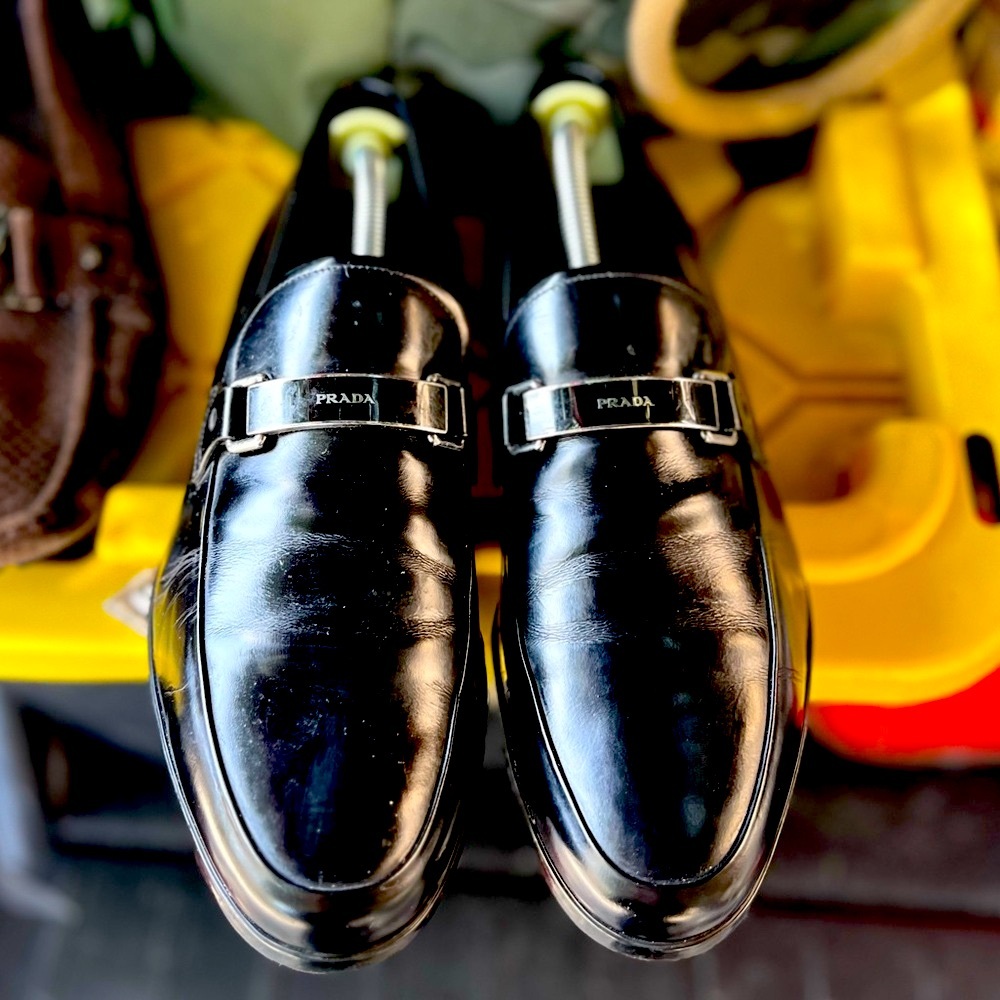 PRADA LOGO BUSINESS LOAFER SHOES BLACK LEATHER US 8.5
